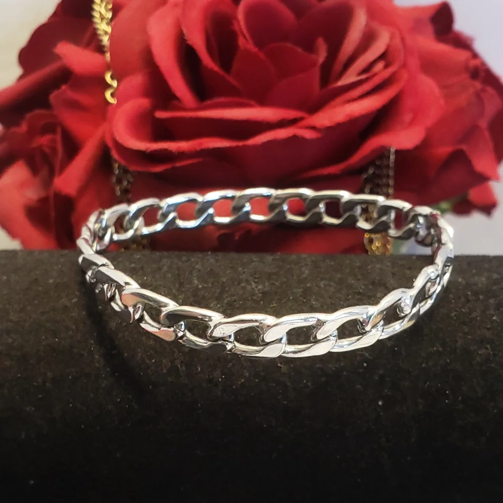 Silver Plated Curb Chain Link Bangle Bracelet Classic Style Chain Bangle